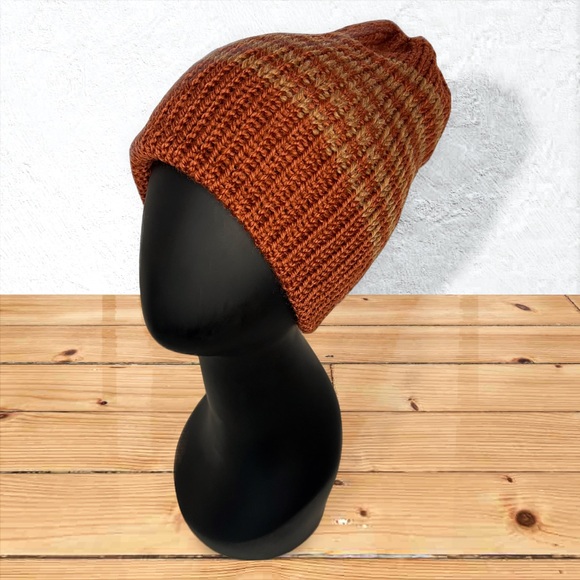 Handmade Knit Off-The-Yak Beanie Unisex Wool Yak Blend Deep Orange w/ Fawn Brown - Picture 9 of 10